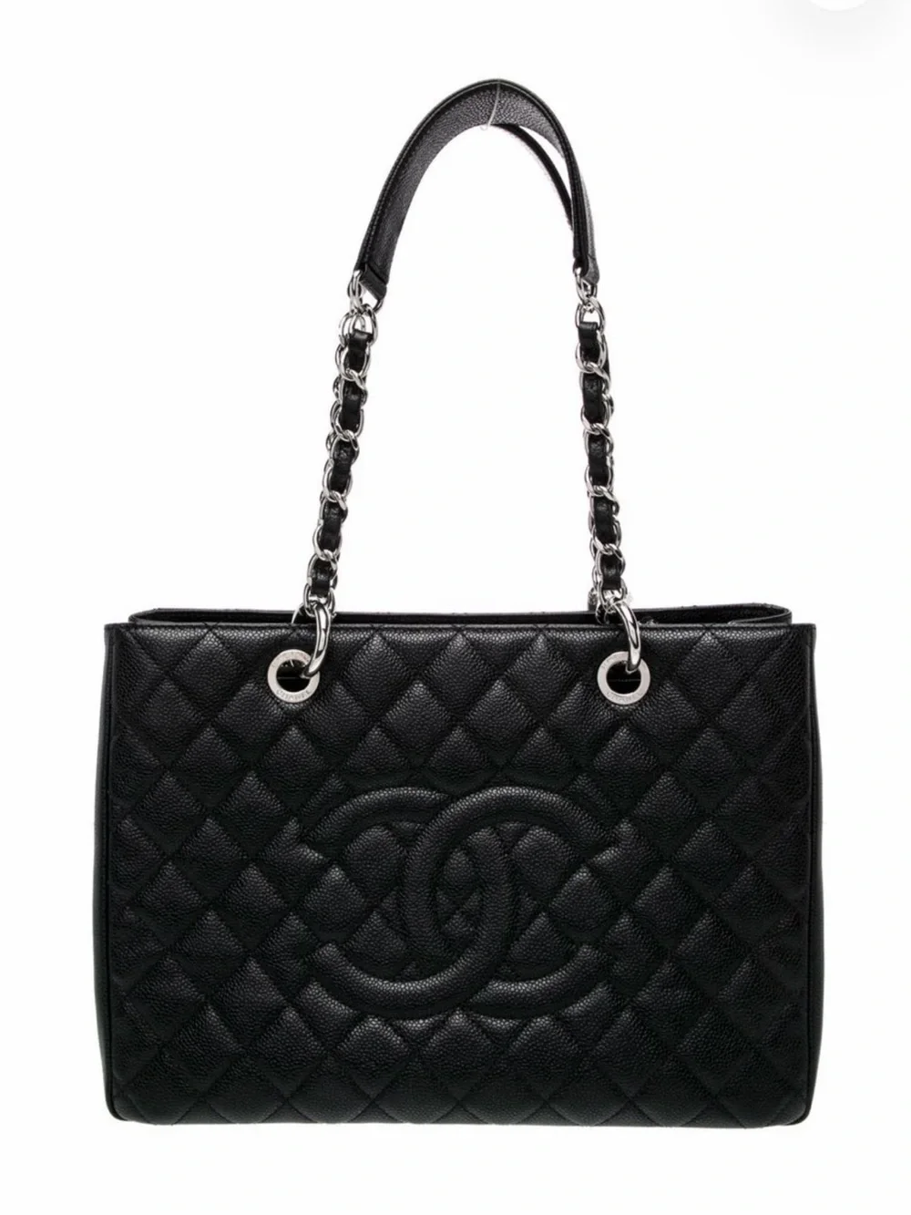 CHANEL Black Quilted Leather Shoulder Tote with Silver Chain Straps